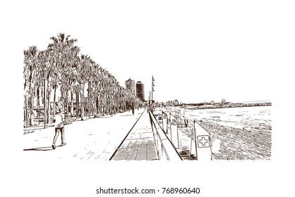 Hand drawn sketch illustration of La Barceloneta beach, Barcelona, Spain. in vector
