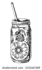 Hand drawn sketch illustration with Lemon Mint Detox and berries  water. Smoothies. Superfood and diet food concept for health or detox in sketch style.  Healthy lifestyle concept.