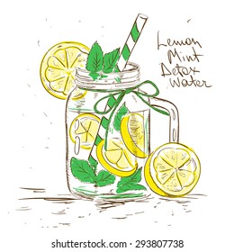 Hand drawn sketch illustration with Lemon Mint Detox water. Healthy lifestyle concept.