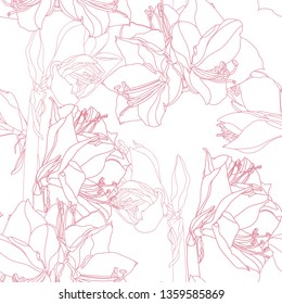 Hand drawn sketch illustration of lilies flowers seamless pattern. Floral pink line background, backdrop element for fabric, textile design, wedding.