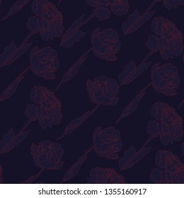 Hand drawn sketch illustration of line tulips flowers seamless pattern. Floral dark blue background, backdrop element for fabric, textile design, wedding.