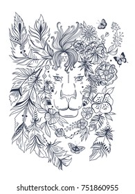 Hand drawn sketch illustration lion. Boho style drawing. It may be used for design of a t-shirt, bag, postcard and poster.