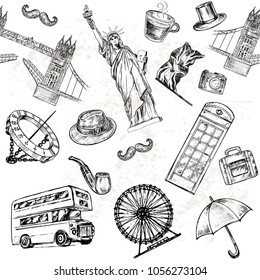 Hand drawn sketch illustration London collection. Travel set seamless pattern on a white background