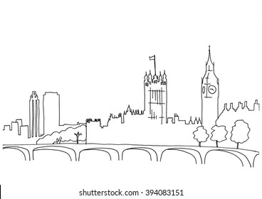 Hand drawn sketch illustration of London landscape including Big Ben and Houses of Parliament