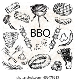 hand drawn sketch illustration meat BBQ