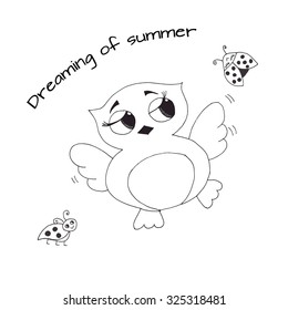 Hand drawn sketch illustration of a merry owl is happily jumping in a company of adorable ladybugs. Sign Dreaming of summer. Vector illustration.Dreaming owl, children naive illustration of owl. 