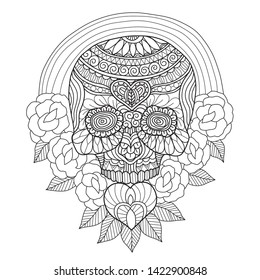 Hand drawn sketch illustration of Mexican skull for adult coloring book, T-shirt emblem, logo or tattoo, zentangle design elements. Zentangle stylized cartoon isolated on white background. 