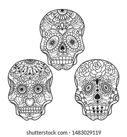 Hand drawn sketch illustration of Mexican skull for adult coloring book, T-shirt emblem, logo or tattoo, zentangle design elements. Zentangle stylized cartoon isolated on white background. 