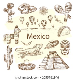 Hand drawn sketch illustration Mexico. Travel set collection