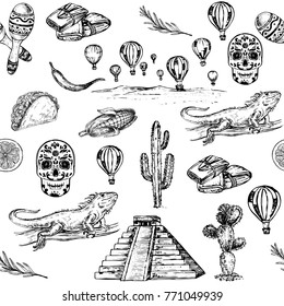 Hand drawn sketch illustration Mexico seamless pattern