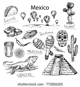 Hand drawn sketch illustration Mexico. Travel set