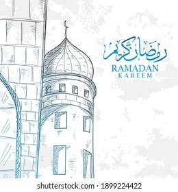 Hand drawn sketch illustration of Mosque Tower in Blue Color for for Islamic Holy Month, Ramadan Kareem, Iftar Party celebration with Grunge Background and Arabic text. Vector eps10