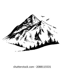 Handgezeichnete Skizzengrafik Gebirge. Reisen, Natur, Logo. Vektorgrafik