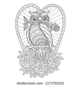 Hand drawn sketch illustration of owl and heart for adult coloring book, T-shirt emblem, logo or tattoo, zentangle design elements.
Zentangle stylized cartoon isolated on white background. 