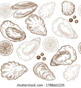 Hand drawn sketch illustration with oysters seamless pattern on a white background