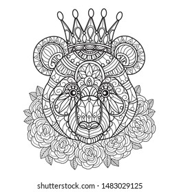Hand drawn sketch illustration of panda king for adult coloring book, T-shirt emblem, logo or tattoo, zentangle design elements. Zentangle stylized cartoon isolated on white background. 