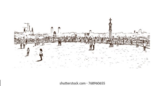 Hand drawn sketch illustration of park güell Barcelona, Catalonia, Spain in vector