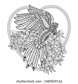 Hand drawn sketch illustration of parrot and flowers for adult coloring book, T-shirt emblem, logo or tattoo, zentangle design elements. Zentangle stylized cartoon isolated on white background. 