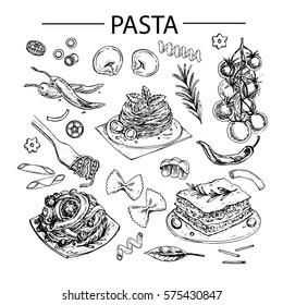 hand drawn sketch illustration pasta on the white background