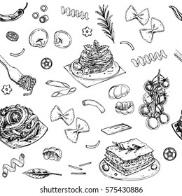 hand drawn sketch illustration pasta seamless pattern