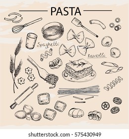 hand drawn sketch illustration pasta cooking