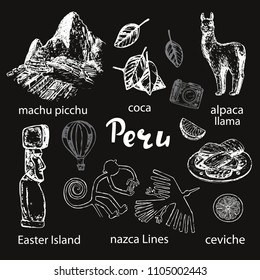 Hand drawn sketch illustration Peru. Travel set on a black background