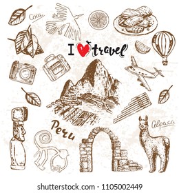 Hand drawn sketch illustration Peru. Travel set on a white background