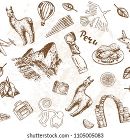 Hand drawn sketch illustration Peru. Travel set seamless pattern