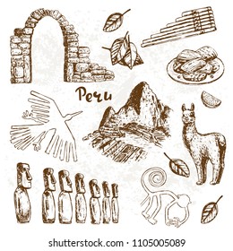 Hand drawn sketch illustration Peru on a white background