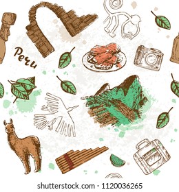 Hand drawn sketch illustration Peru. Travel collection seamless pattern on a white background