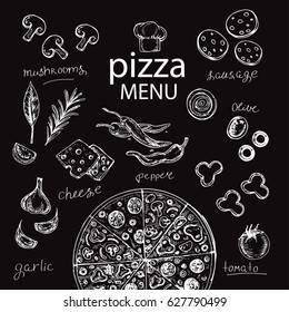 hand drawn sketch illustration Ñ�ooking pizza on the black background