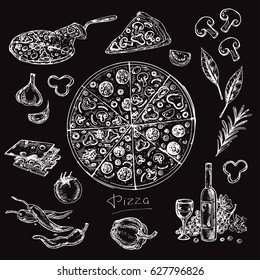 hand drawn sketch illustration pizza on the black background