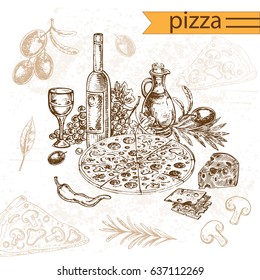 Hand drawn sketch illustration pizza on the white background