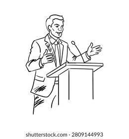 Hand drawn sketch illustration of a professional businessman speaking at a podium