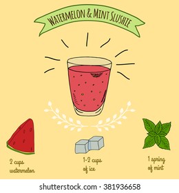 Hand drawn sketch illustration. Recipe and ingredients of healthy and energy drink for restaurant or cafe. Vegan Detox drinks. Gluten free drinks. Vegetarian Smoothie Recipe. Hydration Juice.