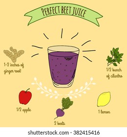 Hand drawn sketch illustration. Recipe and ingredients of healthy energy drink for restaurant or cafe. Vegan Detox drinks. Gluten free drinks. Vegetarian Smoothie Recipe. Beet Juice.