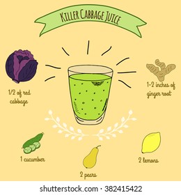 Hand drawn sketch illustration. Recipe and ingredients of healthy energy drink for restaurant or cafe. Vegan Detox drinks. Gluten free drinks. Vegetarian Smoothie Recipe. Cabbage Juice.