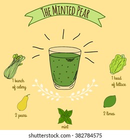 Hand drawn sketch illustration. Recipe and ingredients of healthy and energy drink for restaurant or cafe. Vegan Detox drinks. Gluten free drinks. Vegetarian Smoothie Recipe. Pear Juice.