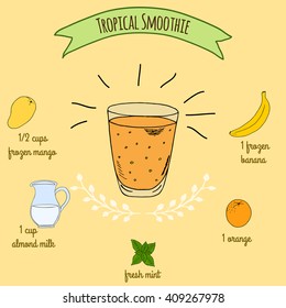 Hand drawn sketch illustration. Recipe and ingredients of healthy and energy drink for restaurant or cafe. Vegan Detox drinks. Gluten free drinks. Vegetarian Smoothie Recipe. Tropical Smoothie.