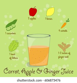 Hand drawn sketch illustration. Recipe and ingredients of healthy energy drink for restaurant or cafe. Vegan Detox drinks. Gluten free drinks. Vegetarian Smoothie Recipe. Apple and Carrot Juice.