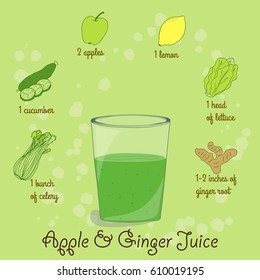 Hand drawn sketch illustration. Recipe and ingredients of healthy and energy drink for restaurant or cafe. Vegan Detox drinks. Gluten free drinks. Vegetarian Smoothie Recipe. Hydration Juice.