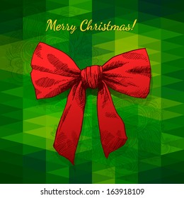 Hand drawn sketch illustration of ribbon bow. Geometric pattern and floral pattern on background. Merry Christmas and Happy New Year illustration