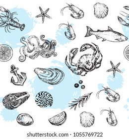 Hand drawn sketch illustration seafood menu collection seamless pattern