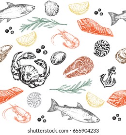 Hand drawn sketch illustration seafood seamless pattern