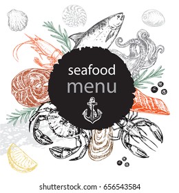 Hand drawn sketch illustration of a seafood menu