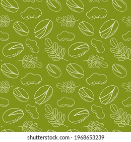 Hand drawn sketch illustration of a seamless background pattern with a view of pistachio nuts. Vector illustration of nuts on a green background