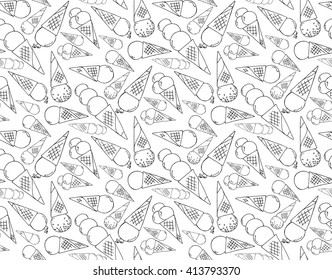 Hand drawn sketch illustration seamless pattern background of ice-cream in a waffle cone. Coloring book vector. Design element for banner, logo, textile, napkin of ice cream shop