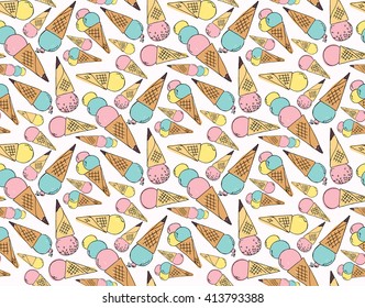 Hand drawn sketch illustration seamless pattern background of ice-cream in a waffle cone in pastel colors colored vector. Design element for banner, logo, textile, of ice cream shop