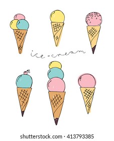 Hand drawn sketch illustration set of ice-cream in a waffle cone in pastel colors with lettering colored vector. Design element for banner, logo, textile, napkin of ice cream shop