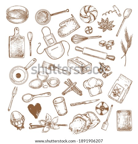 Hand drawn sketch illustration set with cooking items. Bakery products. Flour, spoons, fork, sieve, apron, butter on a white background